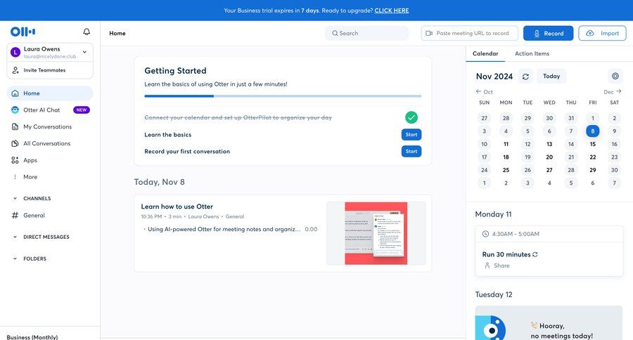 Otter
			 collaboration dashboard sidebar navigation user management onboarding right sidebar ai assistance getting started sidebar setup on boarding menu recent activity social feed newsfeed activity stream tips progress bar modern voice meeting ui page example