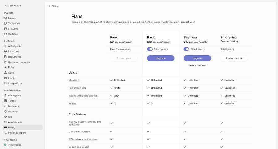 Linear
			 saas pricing pricing plans ui page example