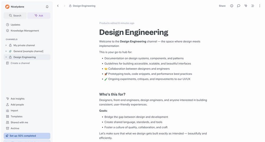 Slite
			 collaboration design knowledge base team workspace content hierarchy documentation progress bar ui page example
