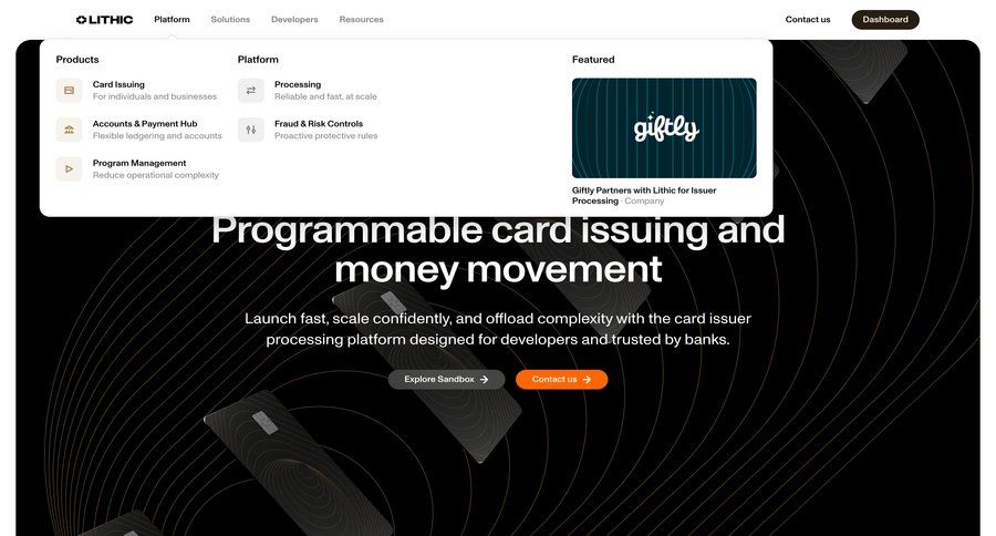 Lithic
			landing page product page b2b saas ui page example
