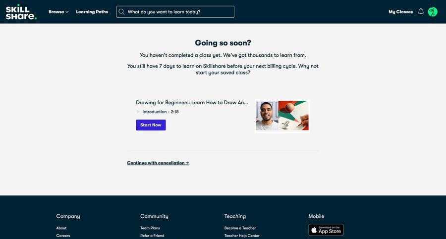 Skillshare
			cancel subscription account management subscription management user account call to action ui page example