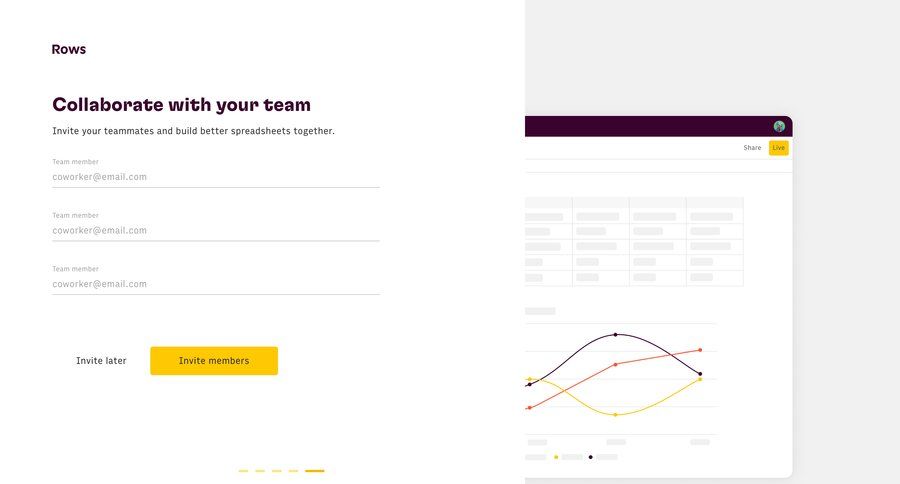 Rows
			onboarding collection settings team management invite teammate collaboration team collaboration onboarding form split screen data visualization modern table ui page example