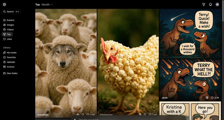 Sora
			 grid full-screen layout content discovery sidebar image gallery media gallery photo gallery media assets quick actions avatar upload ui page example