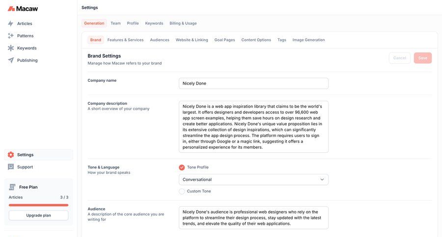 Macaw
			 settings form account setup account settings save changes sidebar conversational cancel changes ui page example