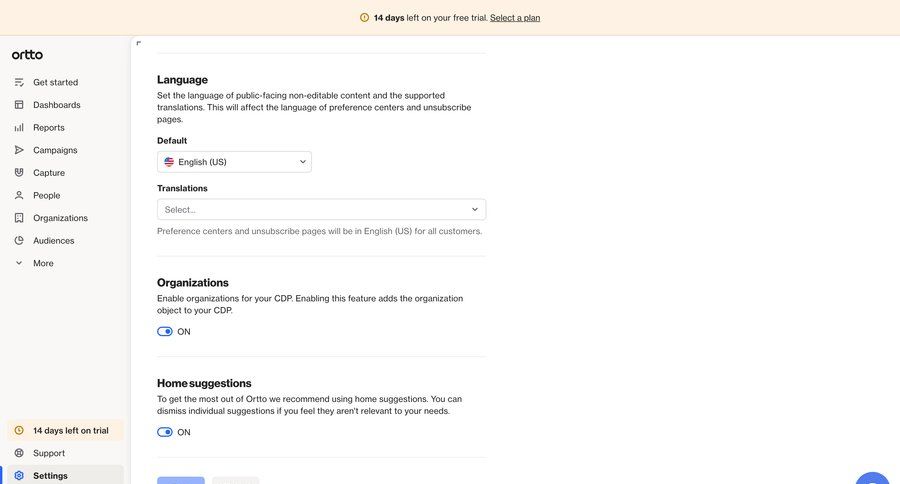 Ortto
			language settings configuration settings sidebar navigation form account settings sidebar localization ui page example