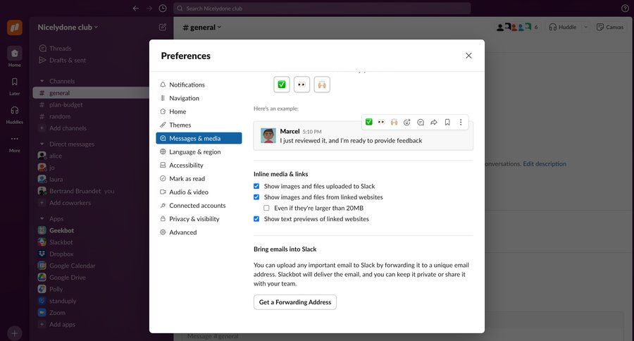 Slack
			 configuration settings sidebar navigation radio group sidebar preferences communication messages chatbot inline edit ui page example