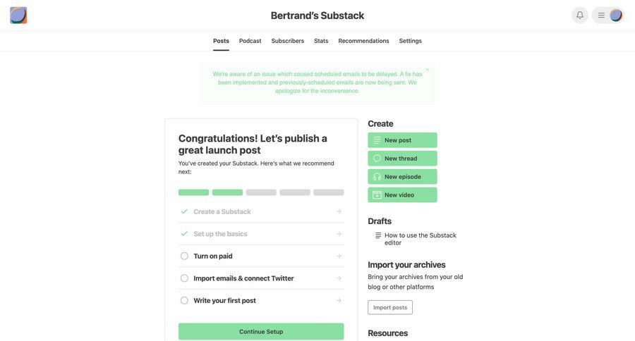 Substack
			 content management dashboard account management onboarding account setup progress indicator blog management coming soon call to action alert setup progress ui page example