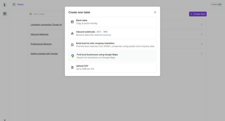 Freckle
			create modal & popover upload data management dashboard grid form automation data import create table ui page example