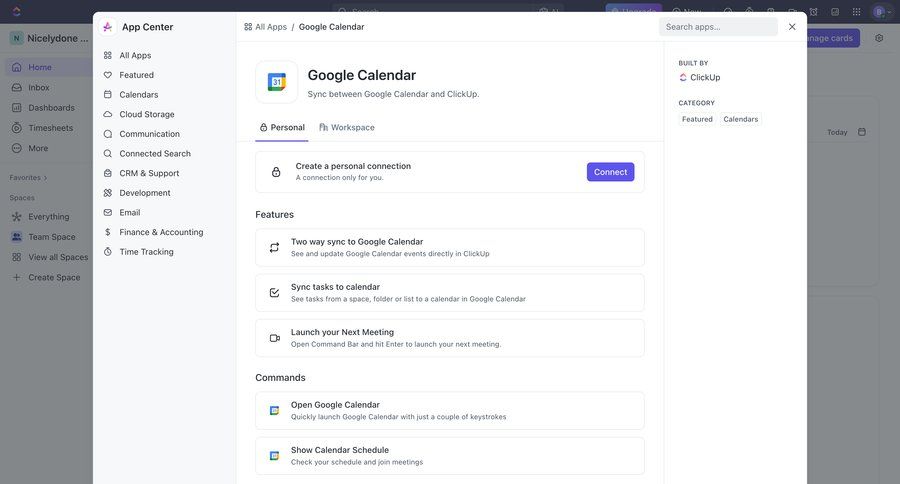 ClickUp
			 integration setup calendar management integration features modern command k ui page example