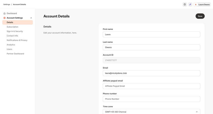 Kajabi
			 settings sidebar navigation form account setup user settings account settings form layout profile management save changes api management user profile user user termination ui page example
