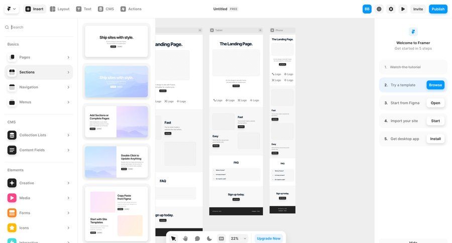 Framer
			 modal screen content management sidebar navigation design template library content management system template selection sidebar menu progress modern ui page example