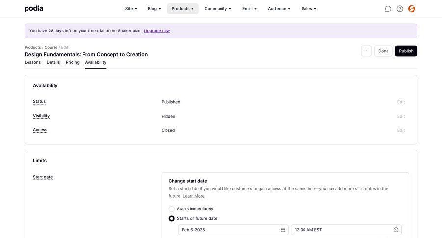 Podia
			 configuration settings form course creation free trial date picker time picker ui page example