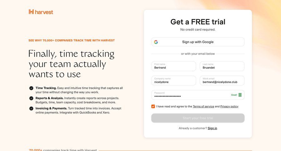 Harvest
				signup page example