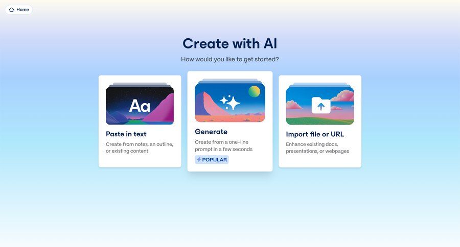 Gamma
			 artificial intelligence onboarding ai assistance content hierarchy homepage card layout ui page example