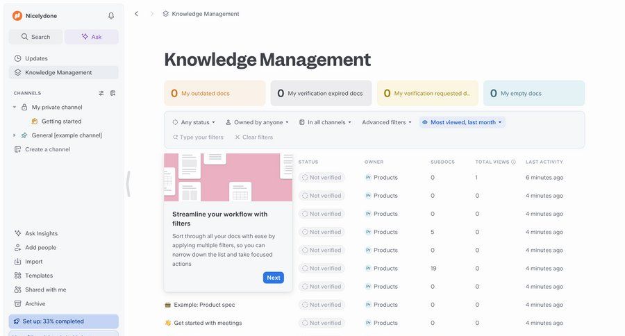 Slite
			 dashboard sidebar navigation workflow document management data display document list dropdown filters table ui page example