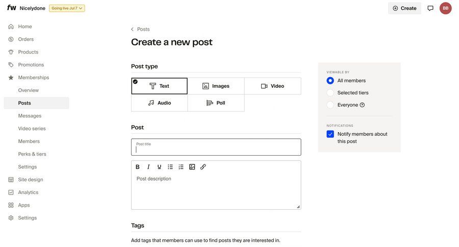 Fourthwall
			 content management form sidebar create notification settings ui page example