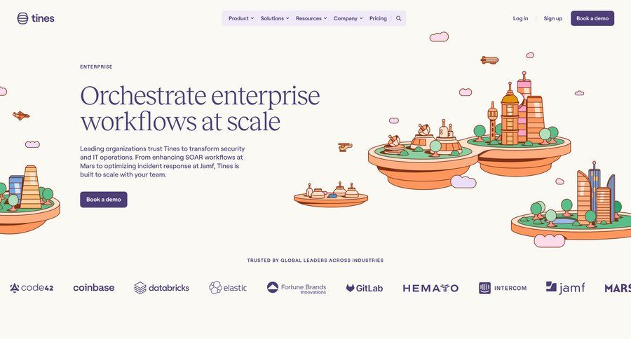 Tines
			 integration product update testimonials case studies customer stories enterprise bot builder ui page example