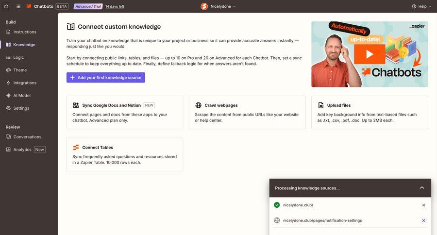 Zapier
			 configuration settings dashboard sidebar navigation artificial intelligence onboarding progress indicator file upload full-screen layout knowledge management upload file documentation progress bar ui page example