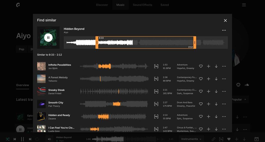 Epidemic Sound
			 modal screen content recommendation menu progress bar suggestion ui page example