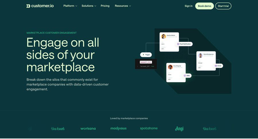 Customer.io
			 workflow automation customer engagement testimonials b2b saas ui page example