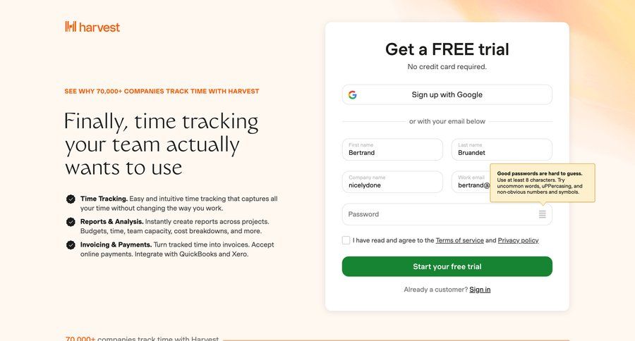 Harvest
				signup page example