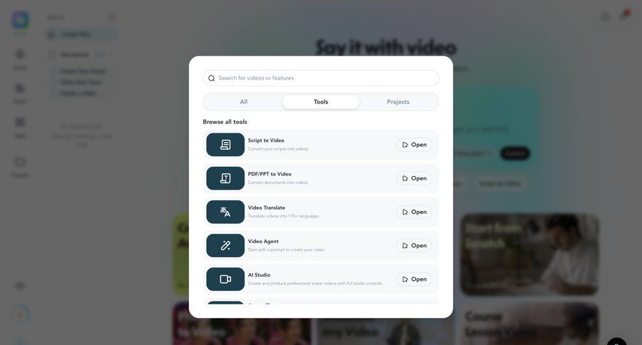 HeyGen
			list tools global search ui page example