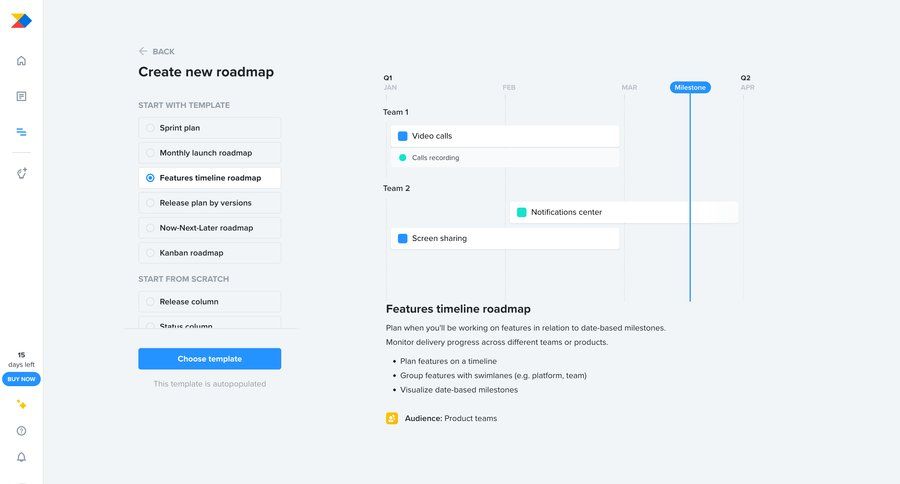 Productboard
			 project management timeline view template selection sidebar create ui page example