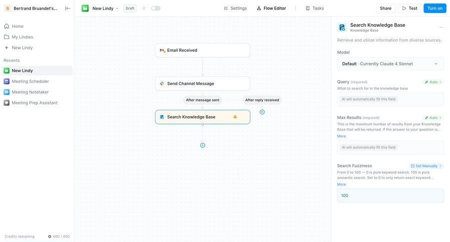 Lindy
			 configuration sidebar navigation artificial intelligence grid workflow form automation editor workflow automation knowledge base workflow editor sidebar configuration screen ui page example