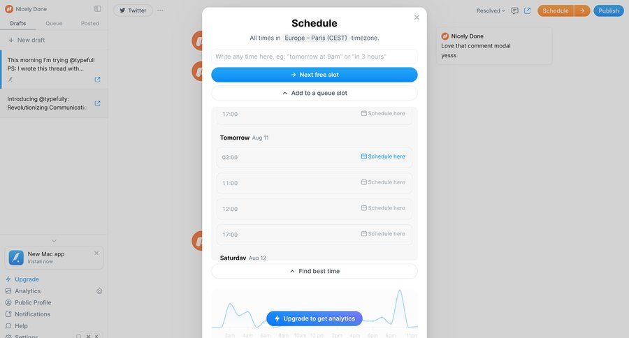 Typefully
			 time management schedule analytics time picker paywall upgrade modal analytics integration content scheduling pay time selector timezone selector ui page example