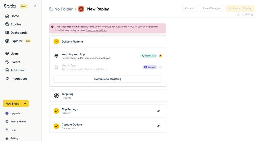 Sprig
			create form tools configuration sidebar navigation user research content blocks sidebar alert new create generate setup progress marketing website design modern configuration screen ui page example