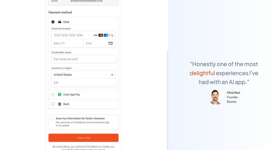 Circleback
			 e-commerce form checkout screen payment processing ui page example