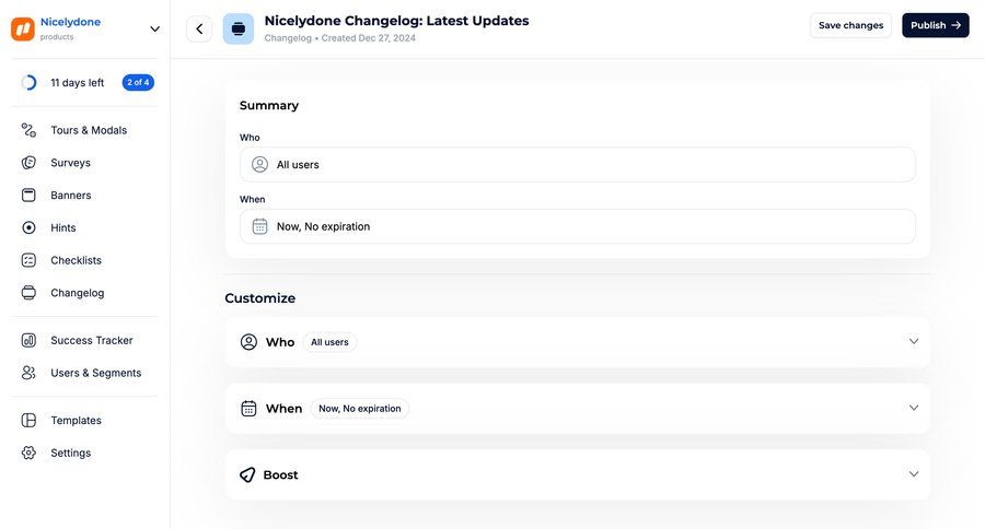 Jimo
			 configuration settings customize trial banner save changes content blocks content scheduling sidebar changelog update accordion summary ui page example