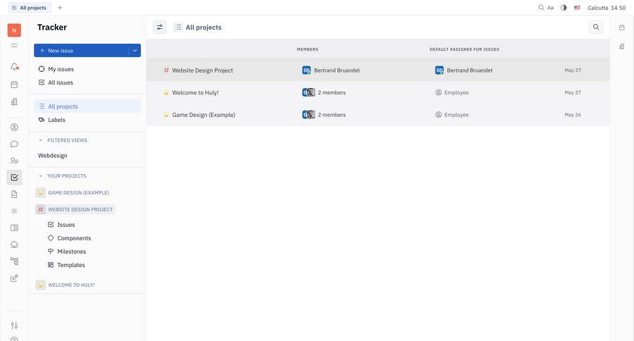 Huly
			 task management dashboard sidebar navigation project management grid project setup project tracking issue tracking content hierarchy navigation menu table project dashboard ui page example
