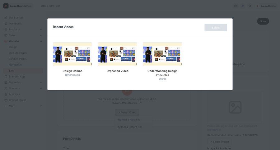 Kajabi
			 content management e-commerce grid form video management file upload file upload modal create upload file marketing website design ui page example