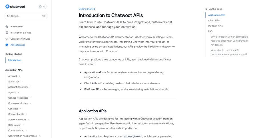 Chatwoot
			 developer portal ui page example