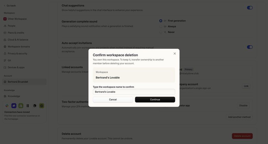 Lovable
			 data management confirmation screen account settings user account cancel deletion preferences ui page example