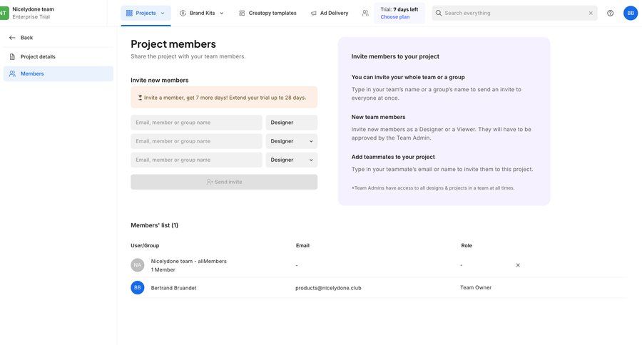 Creatopy
			 collaboration settings team collaboration project management user management onboarding project collaboration user data extend trial table ui page example