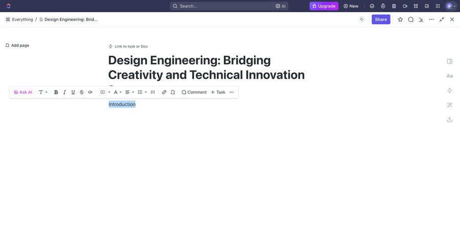 ClickUp
			 content management editor document editing document sharing document creation ai assistance create menu ui page example