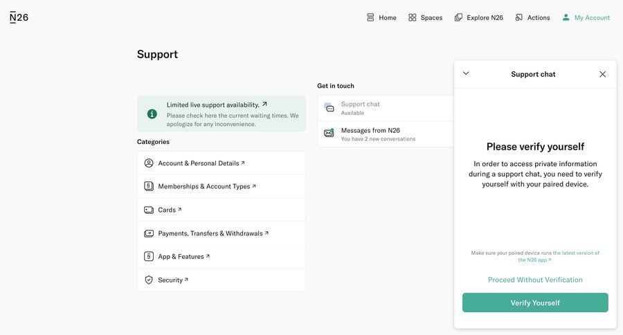 N26
			 account management fintech account security security alert customer support live chat ui page example