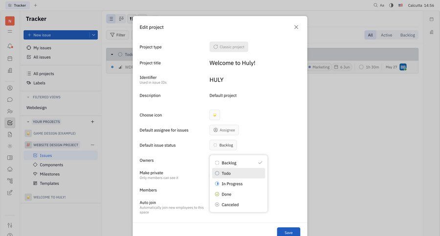 Huly
			 task management configuration team collaboration project management form project setup access control project creation ui page example