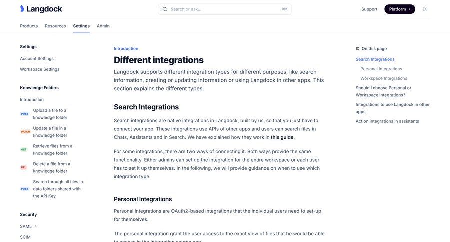 Langdock
			 documentation workspace settings docs api integrations doc ui page example