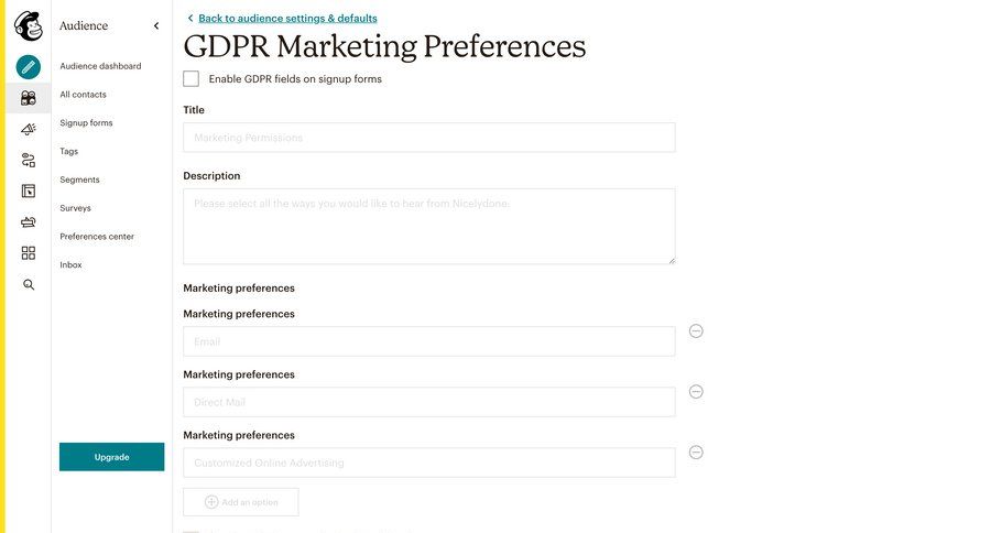 Mailchimp
			 preferences settings form sidebar navigation data privacy configuration audience management gdpr compliance ui page example