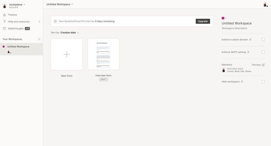 QuestionScout
			 settings dashboard sidebar navigation user management form delete workspace settings three-column grid dropdown filters sidebar create task management dashboard ui page example