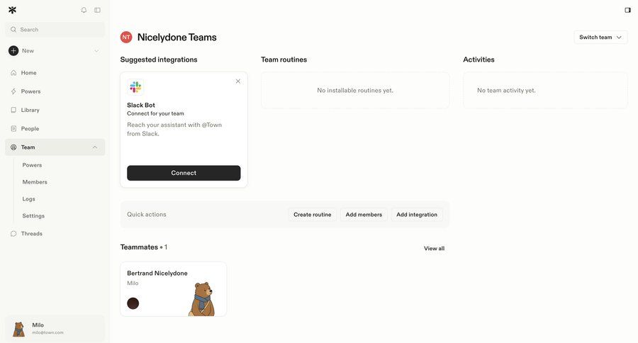 Town
			 sidebar navigation integration setup quick actions team management b2b saas ui page example