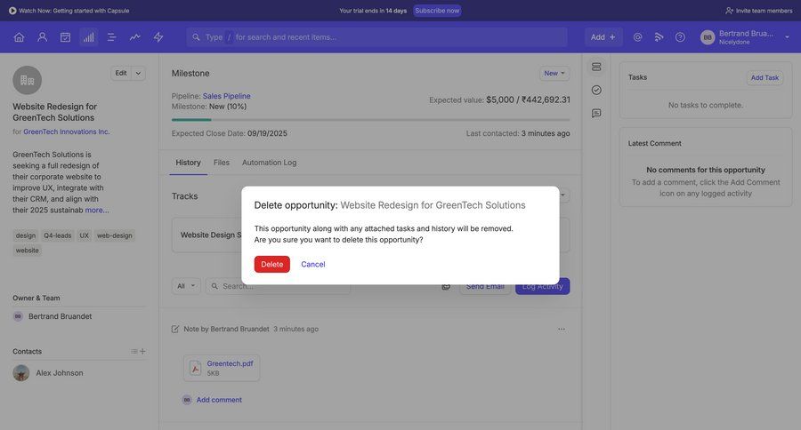 Capsule
			detail page modal & popover delete warning state project management confirmation cancel deletion confirmation message ui page example