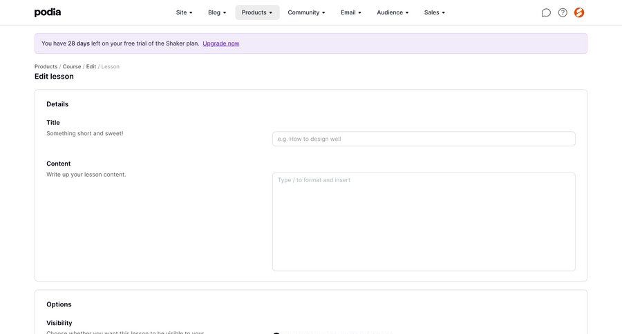 Podia
			 content management form course creation free trial information page detail view info view ui page example