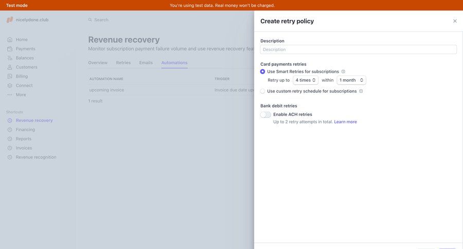 Stripe
			 modal screen configuration settings sidebar navigation form automation fintech subscription management retry create setup shortcuts connect service ui page example