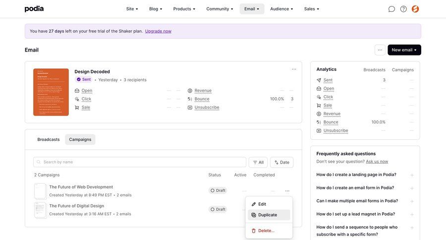 Podia
			 e-commerce dashboard grid delete campaign management insight detail view info view date filter duplicate campaign creation analytics ui page example