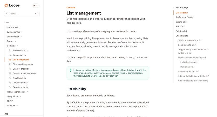 Loops
			 list management documentation ui page example