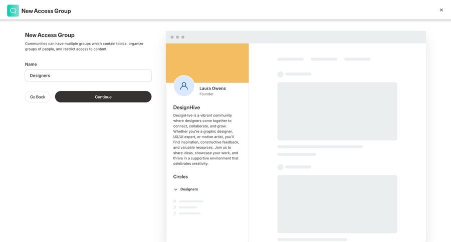Kajabi
			 modal screen collaboration form account setup access control preview panel new create generate accordion ui page example